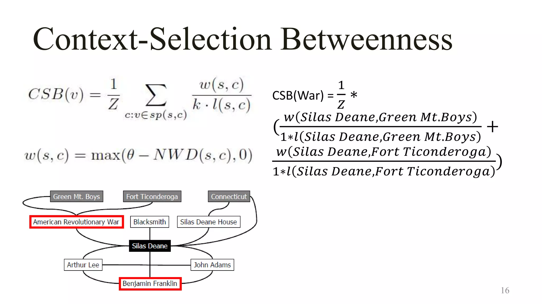 Context-Selection Betweenness
16
CSB(War) =
1
𝑍
∗
(
𝑤 𝑆𝑖𝑙𝑎𝑠 𝐷𝑒𝑎𝑛𝑒,𝐺𝑟𝑒𝑒𝑛 𝑀𝑡.𝐵𝑜𝑦𝑠
1∗𝑙 𝑆𝑖𝑙𝑎𝑠 𝐷𝑒𝑎𝑛𝑒,𝐺𝑟𝑒𝑒𝑛 𝑀𝑡.𝐵𝑜𝑦𝑠
+
𝑤 𝑆𝑖𝑙𝑎𝑠 𝐷𝑒𝑎𝑛𝑒,𝐹𝑜𝑟𝑡 𝑇𝑖𝑐𝑜𝑛𝑑𝑒𝑟𝑜𝑔𝑎
1∗𝑙 𝑆𝑖𝑙𝑎𝑠 𝐷𝑒𝑎𝑛𝑒,𝐹𝑜𝑟𝑡 𝑇𝑖𝑐𝑜𝑛𝑑𝑒𝑟𝑜𝑔𝑎
)
 