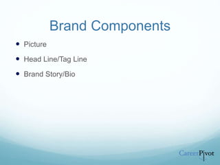 Brand Components
 Picture
 Head Line/Tag Line
 Brand Story/Bio
 
