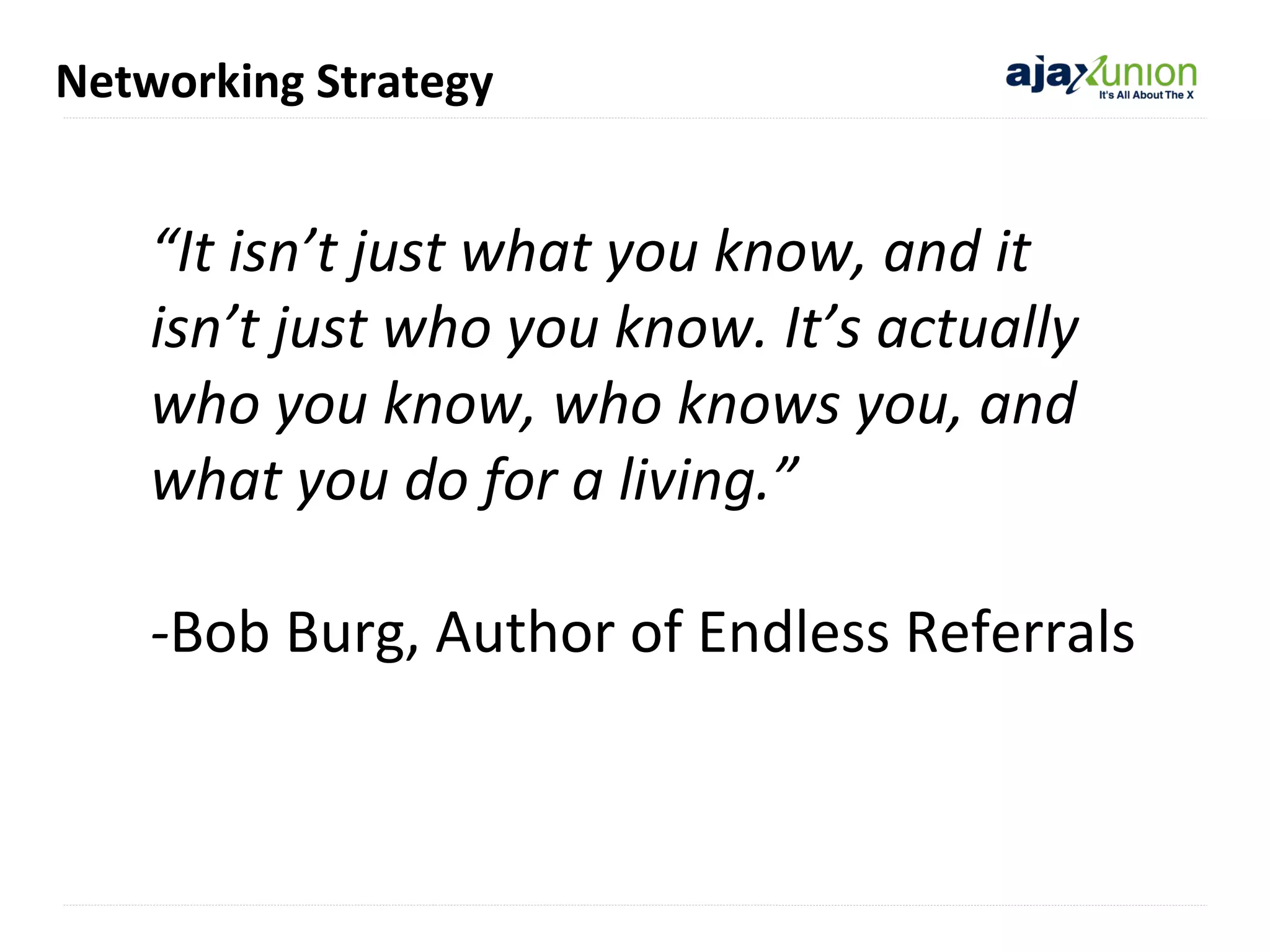 Networking Strategy

“It isn’t just what you know, and it
isn’t just who you know. It’s actually
who you know, who knows you, and
what you do for a living.”
-Bob Burg, Author of Endless Referrals

 