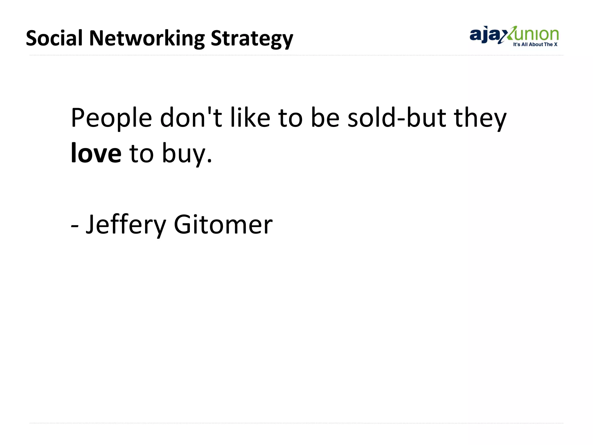 Social Networking Strategy

People don't like to be sold-but they
love to buy.
- Jeffery Gitomer

 
