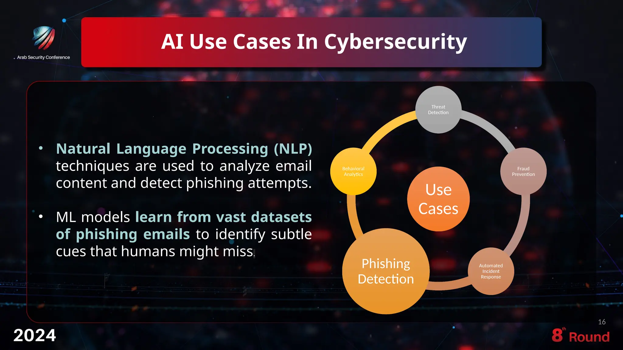 AI Use Cases In Cybersecurity
16
Use
Cases
Threat
Detection
Fraud
Prevention
Automated
Incident
Response
Phishing
Detection
Behavioral
Analytics
• Natural Language Processing (NLP)
techniques are used to analyze email
content and detect phishing attempts.
• ML models learn from vast datasets
of phishing emails to identify subtle
cues that humans might miss.
 
