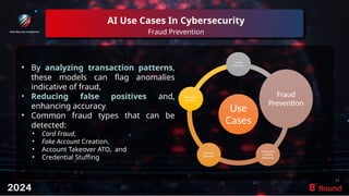 AI Use Cases In Cybersecurity
Fraud Prevention
14
• By analyzing transaction patterns,
these models can flag anomalies
indicative of fraud,
• Reducing false positives and,
enhancing accuracy.
• Common fraud types that can be
detected:
• Card Fraud,
• Fake Account Creation,
• Account Takeover ATO, and
• Credential Stuffing
Use
Cases
Threat
Detection
Fraud
Prevention
Automated
Incident
Response
Phishing
Detection
Behavioral
Analytics
 