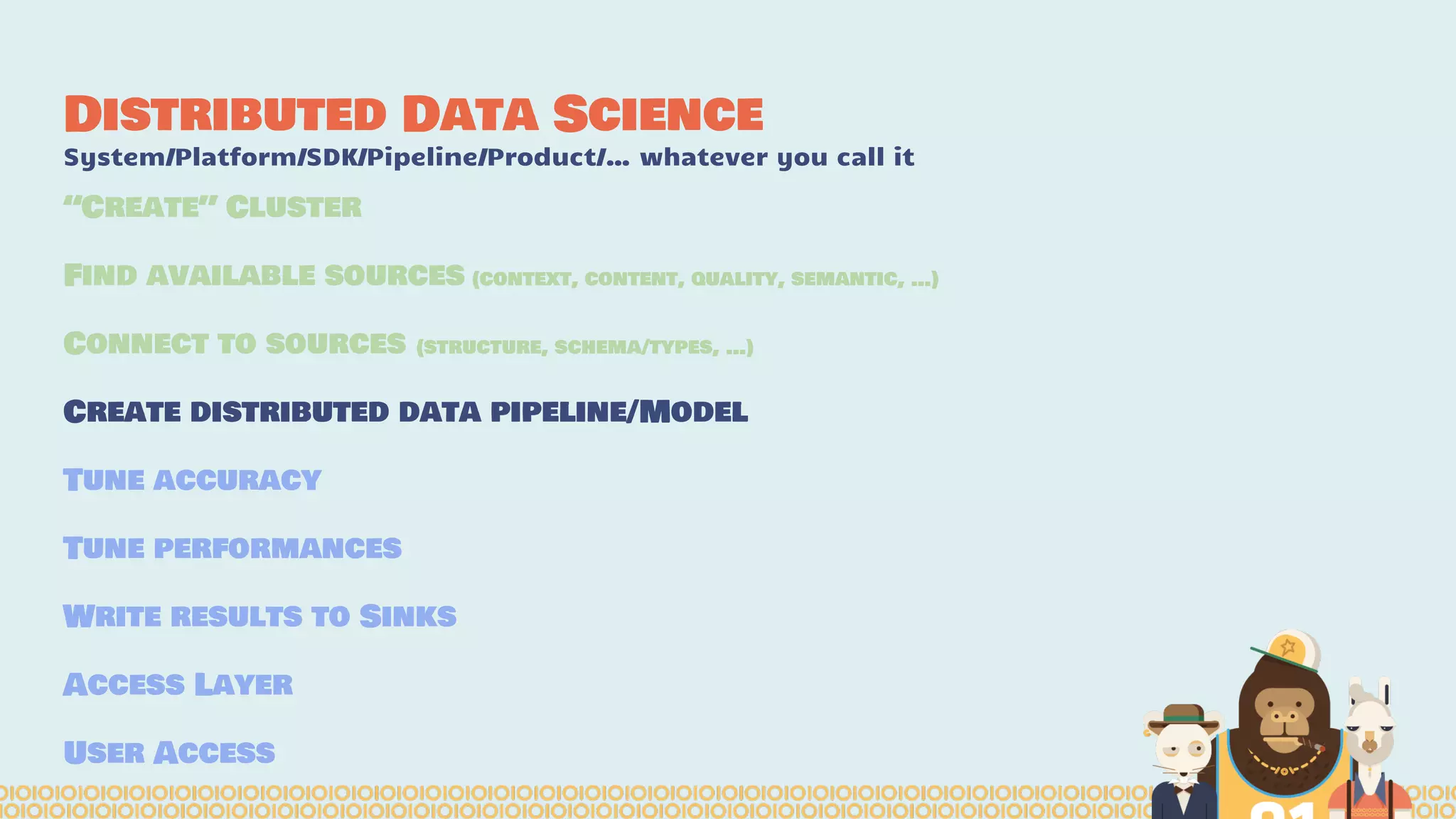 Distributed Data Science
System/Platform/SDK/Pipeline/Product/… whatever you call it
“Create” Cluster
Find available sources (context, content, quality, semantic, …)
Connect to sources (structure, schema/types, …)
Create distributed data pipeline/Model
Tune accuracy
Tune performances
Write results to Sinks
Access Layer
User Access
 