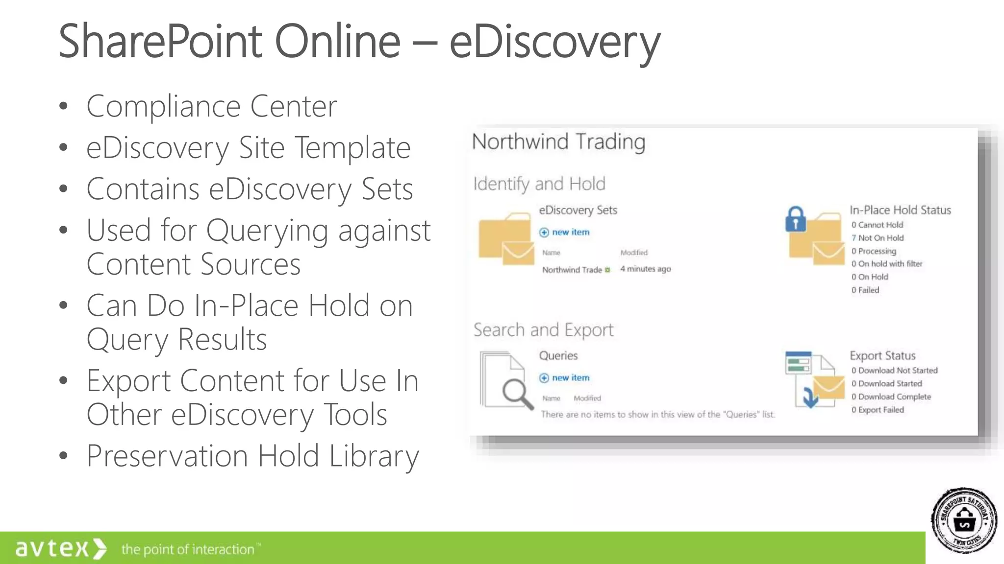 SharePoint Online – eDiscovery
• Compliance Center
• eDiscovery Site Template
• Contains eDiscovery Sets
• Used for Querying against
Content Sources
• Can Do In-Place Hold on
Query Results
• Export Content for Use In
Other eDiscovery Tools
• Preservation Hold Library
 
