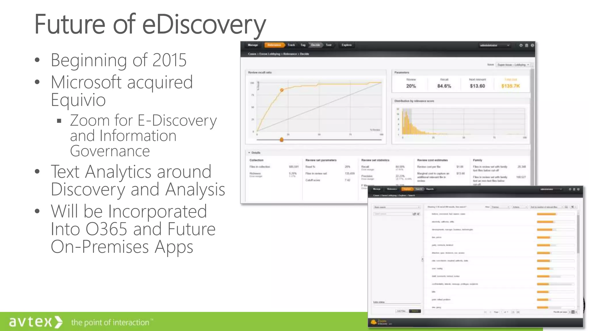 Future of eDiscovery
• Beginning of 2015
• Microsoft acquired
Equivio
 Zoom for E-Discovery
and Information
Governance
• Text Analytics around
Discovery and Analysis
• Will be Incorporated
Into O365 and Future
On-Premises Apps
 