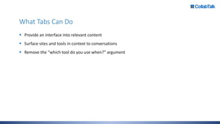 What Tabs Can Do
 Provide an interface into relevant content
 Surface sites and tools in context to conversations
 Remove the “which tool do you use when?” argument
 