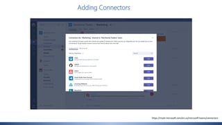 Adding Connectors
https://msdn.microsoft.com/en-us/microsoft-teams/connectors
 