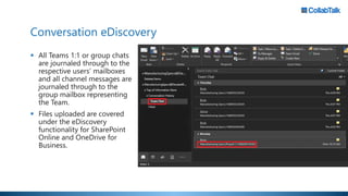 Conversation eDiscovery
 All Teams 1:1 or group chats
are journaled through to the
respective users’ mailboxes
and all channel messages are
journaled through to the
group mailbox representing
the Team.
 Files uploaded are covered
under the eDiscovery
functionality for SharePoint
Online and OneDrive for
Business.
 