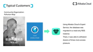 Typical Customers
Chai Jing's documentary "Under the Dome"
released a pollution map app
The surge in users and traffic caused the app's
offline database to crash.
Using Alibaba Cloud’s Expert
Service, the database was
migrated to a read-only RDS
instance.
There, it was able to withstand
dozens of times more access
pressure.
Community Organization:
Pollution Map
 