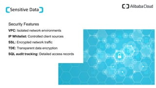 Sensitive Data
Security Features
VPC: Isolated network environments
IP Whitelist: Controlled client sources
SSL: Encrypted network traffic
TDE: Transparent data encryption
SQL audit tracking: Detailed access records
 