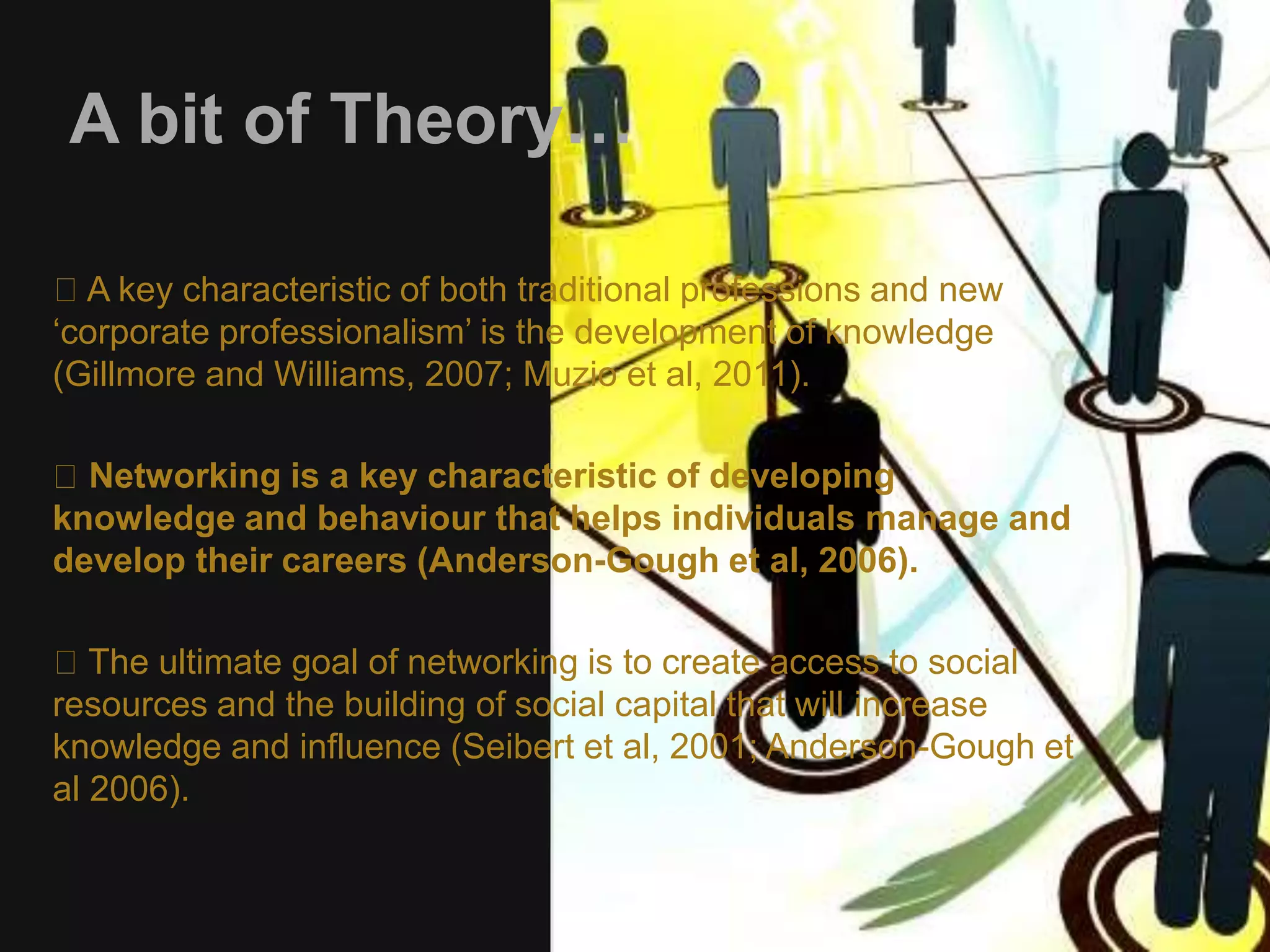 A bit of Theory… 
A key characteristic of both traditional professions and new 
‘corporate professionalism’ is the development of knowledge 
(Gillmore and Williams, 2007; Muzio et al, 2011). 
Networking is a key characteristic of developing 
knowledge and behaviour that helps individuals manage and 
develop their careers (Anderson-Gough et al, 2006). 
The ultimate goal of networking is to create access to social 
resources and the building of social capital that will increase 
knowledge and influence (Seibert et al, 2001; Anderson-Gough et 
al 2006). 
 
