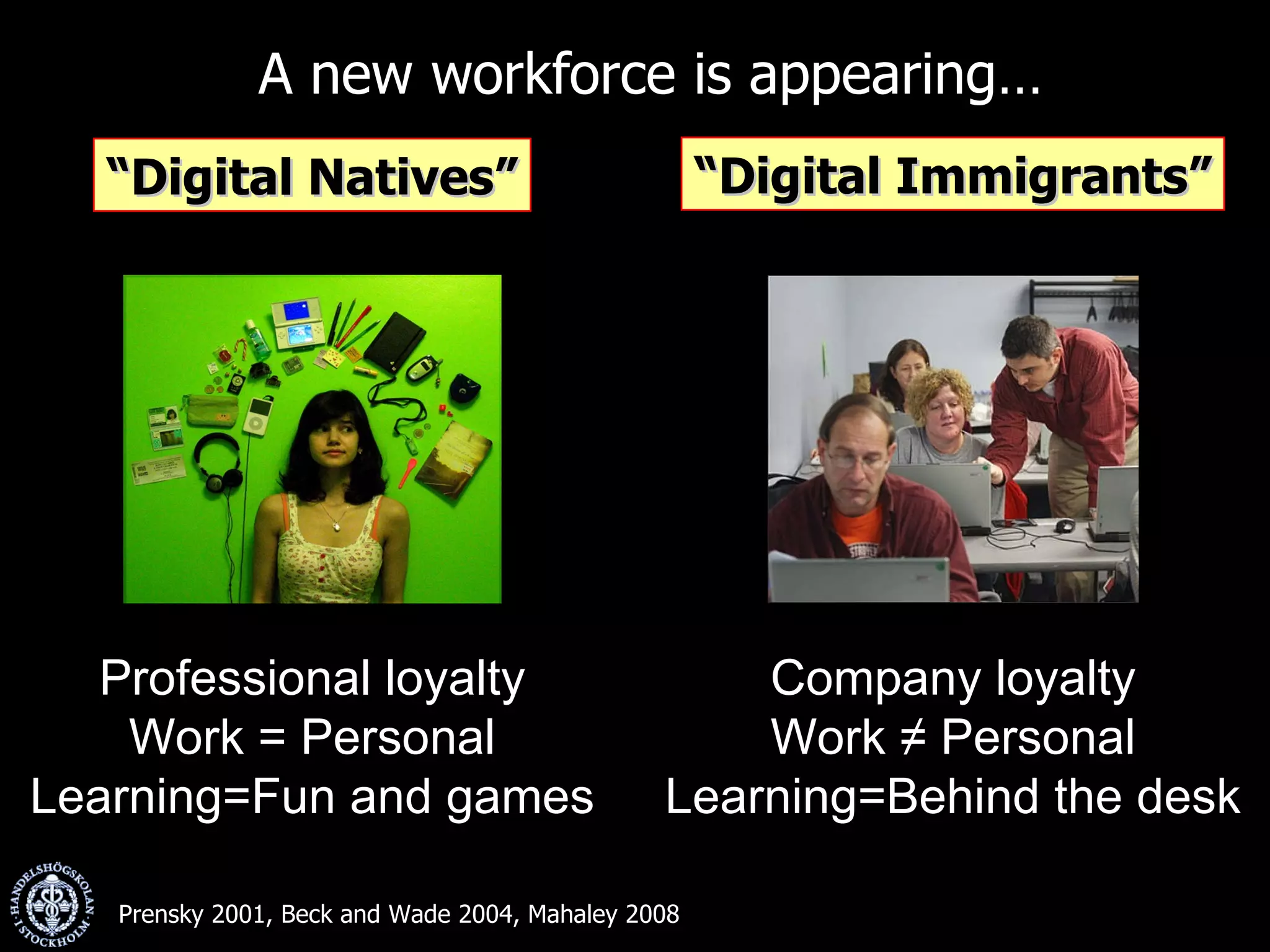 A new workforce is appearing… Prensky 2001, Beck and Wade 2004, Mahaley 2008  “ Digital Immigrants” “ Digital Natives” Company loyalty Work ≠ Personal Learning=Behind the desk Professional loyalty Work = Personal Learning=Fun and games 