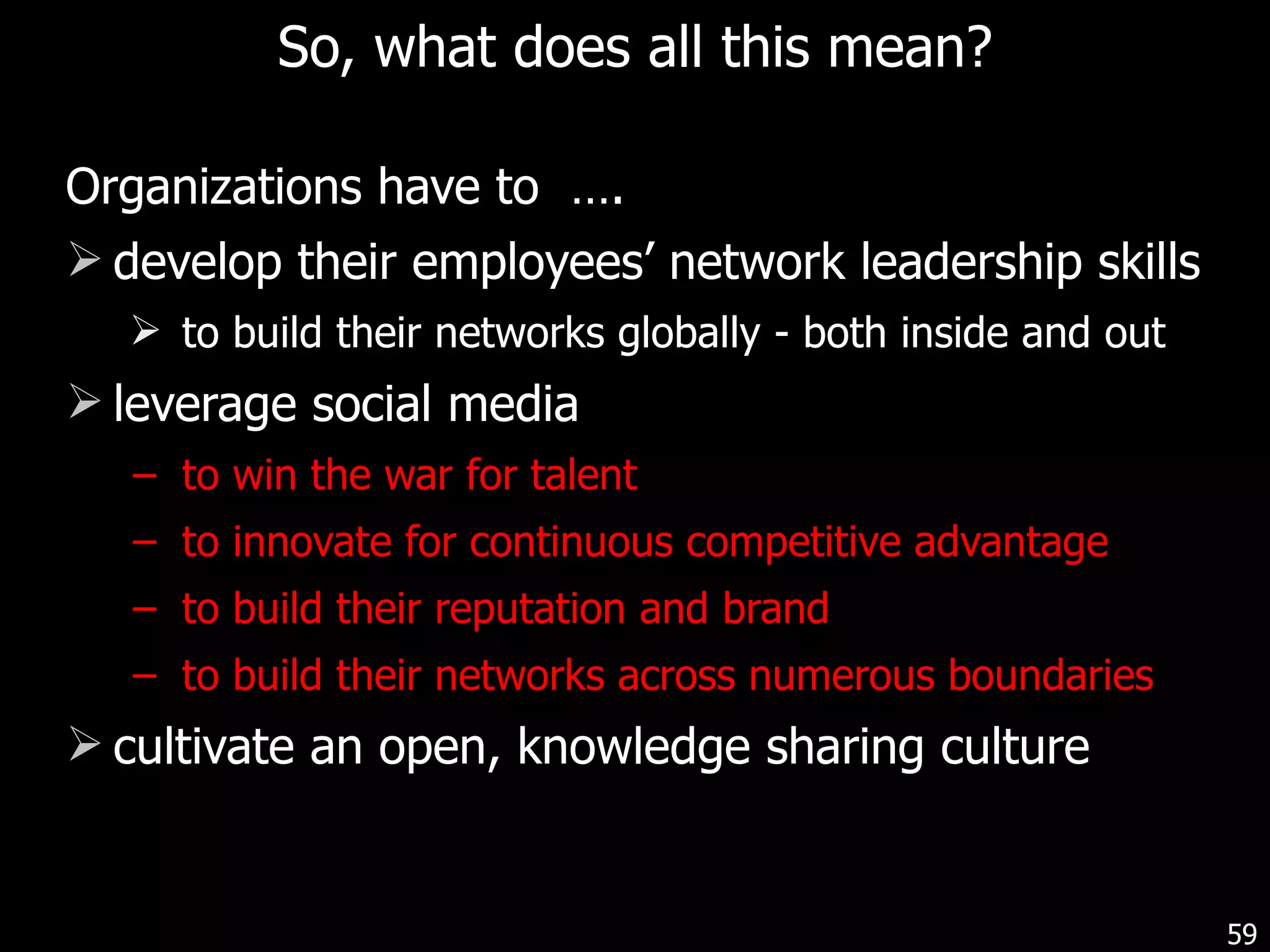 So, what does all this mean? Organizations have to  …. develop their employees’ network leadership skills to build their networks globally - both inside and out leverage social media to win the war for talent  to innovate for continuous competitive advantage to build their reputation and brand to build their networks across numerous boundaries cultivate an open, knowledge sharing culture 