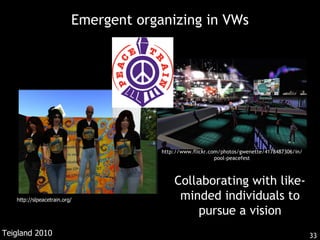 Emergent organizing in VWs http://slpeacetrain.org/ Collaborating with like-minded individuals to pursue a vision Teigland 2010 http://www.flickr.com/photos/gwenette/4178487306/in/pool-peacefest 