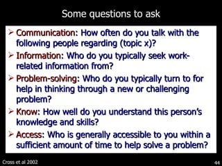Some questions to ask Communication : How often do you talk with the following people regarding (topic x)? Information : Who do you typically seek work-related information from? Problem-solving : Who do you typically turn to for help in thinking through a new or challenging problem? Know : How well do you understand this person ’s knowledge and skills? Access : Who is generally accessible to you within a sufficient amount of time to help solve a problem? Cross et al 2002 