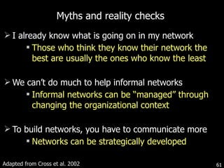 Myths and reality checks I already know what is going on in my network  Those who think they know their network the best are usually the ones who know the least We can ’ t do much to help informal networks Informal networks can be  “ managed ”  through changing the organizational context To build networks, you have to communicate more Networks can be strategically developed Adapted from Cross et al. 2002 