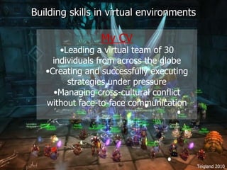 Building skills in virtual environments My CV Leading a virtual team of 30 individuals from across the globe Creating and successfully executing strategies under pressure Managing cross-cultural conflict without face-to-face communication Teigland 2010 