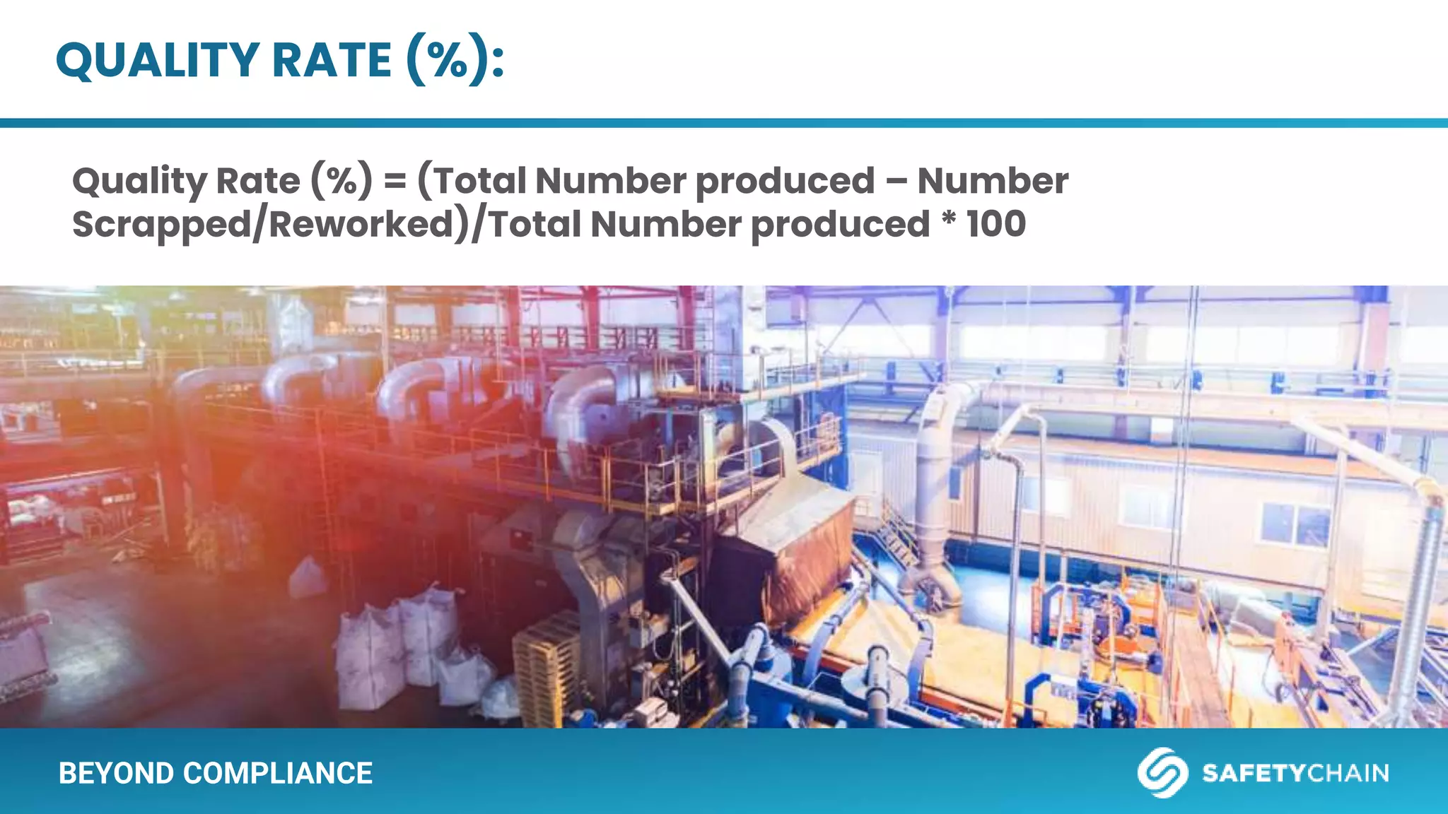BEYOND COMPLIANCE
QUALITY RATE (%):
Quality Rate (%) = (Total Number produced – Number
Scrapped/Reworked)/Total Number produced * 100
 