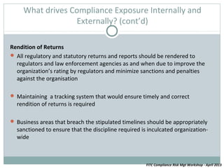 What drives Compliance Exposure Internally and
                  Externally? (cont’d)

Rendition of Returns
 All regulatory and statutory returns and reports should be rendered to
  regulators and law enforcement agencies as and when due to improve the
  organization’s rating by regulators and minimize sanctions and penalties
  against the organisation

 Maintaining a tracking system that would ensure timely and correct
  rendition of returns is required

 Business areas that breach the stipulated timelines should be appropriately
  sanctioned to ensure that the discipline required is inculcated organization-
  wide



                                                      FITC Compliance Risk Mgt Workshop - April 2013
 