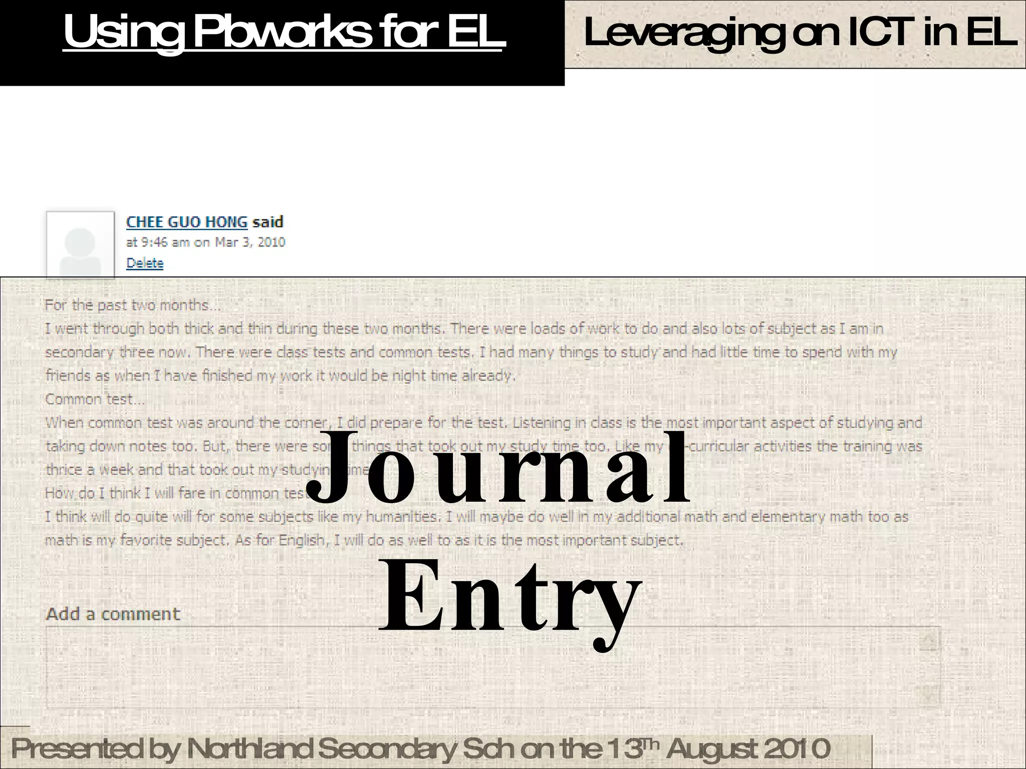 Using Pbworks for EL Journal  Entry 