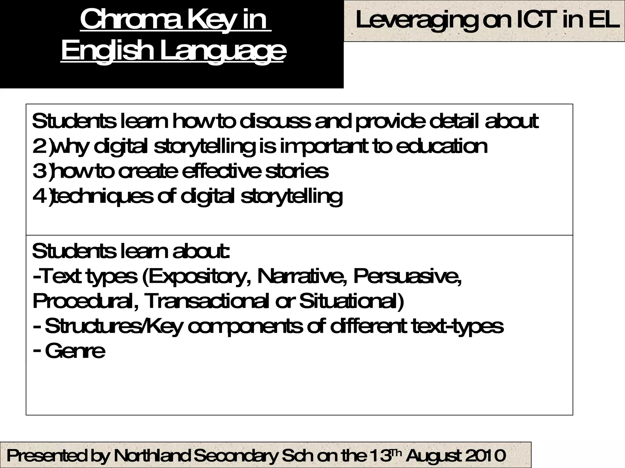 Chroma Key in  English Language Using  Constructivist Learning Theory,  refers to the idea that learners construct knowledge for themselves---each learner individually (and socially) constructs meaning---as he or she learns.  Constructing meaning is learning. Students learn about: -Text types (Expository, Narrative, Persuasive, Procedural, Transactional or Situational) - Structures/Key components of different text-types Genre Students learn how to discuss and provide detail about  why digital storytelling is important to education  how to create effective stories techniques of digital storytelling  