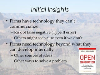 Initial Insights
• Firms have technology they can’t
commercialize
– Risk of false negative (Type II error)
– Others might see value even if we don’t
• Firms need technology beyond what they
can develop internally
– Other sources of ideas
– Other ways to solve a problem
 