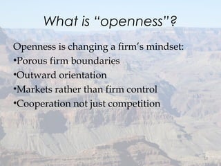 What is “openness”?
Openness is changing a firm’s mindset:
•Porous firm boundaries
•Outward orientation
•Markets rather than firm control
•Cooperation not just competition
13
 