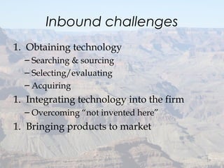 Inbound challenges
1. Obtaining technology
– Searching & sourcing
– Selecting/evaluating
– Acquiring
1. Integrating technology into the firm
– Overcoming “not invented here”
1. Bringing products to market
19
 