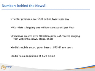 Numbers behind the News!!


    Twitter produces over 230 million tweets per day


    Wal-Mart is logging one million transactions per hour


    Facebook creates over 30 billion pieces of content ranging
     from web links, news, blogs, photo


    India's mobile subscription base at 873.61 mn users


    India has a population of 1.21 billion
 