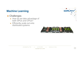 C O M P U T E | S T O R E | A N A L Y Z E
Machine Learning
● Challenges
● How do we take advantage of
both GPUs and CPUs?
● Efficiently scale out onto
distributed systems
Copyright Cray Inc 2018
17
 