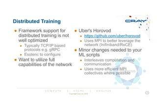 C O M P U T E | S T O R E | A N A L Y Z E
Distributed Training
● Framework support for
distributed training is not
well optimized
● Typically TCP/IP based
protocols e.g. gRPC
● Esoteric to configure
● Want to utilize full
capabilities of the network
● Uber's Horovod
● https://github.com/uber/horovod
● Uses MPI to better leverage the
network (Inifiniband/RoCE)
● Minor changes needed to your
ML scripts
● Interleaves computation and
communication
● Uses more efficient MPI
collectives where possible
Copyright Cray Inc 2018
19
 