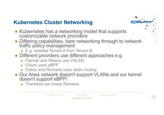 C O M P U T E | S T O R E | A N A L Y Z E
Kubernetes Cluster Networking
● Kubernetes has a networking model that supports
customizable network providers
● Differing capabilities, bare networking through to network
traffic policy management
● E.g. isolated Tenant A from Tenant B
● Different providers use different approaches e.g.
● Flannel and Weave use VXLAN
● Cilium uses eBPF
● Calico and Romana uses static routing
● Our Aries network doesn't support VLANs and our kernel
doesn't support eBPF!
● Therefore we chose Romana
Copyright Cray Inc 2018
9
 