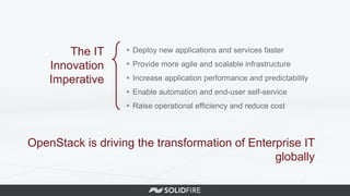  Deploy new applications and services faster
 Provide more agile and scalable infrastructure
 Increase application performance and predictability
 Enable automation and end-user self-service
 Raise operational efficiency and reduce cost
The IT
Innovation
Imperative
OpenStack is driving the transformation of Enterprise IT
globally
 