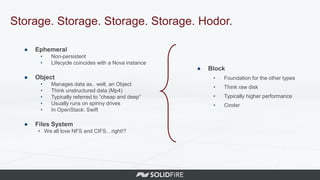 Storage. Storage. Storage. Storage. Hodor.
● Ephemeral
• Non-persistent
• Lifecycle coincides with a Nova instance
● Object
• Manages data as.. well, an Object
• Think unstructured data (Mp4)
• Typically referred to “cheap and deep”
• Usually runs on spinny drives
• In OpenStack: Swift
● Files System
• We all love NFS and CIFS…right!?
● Block
• Foundation for the other types
• Think raw disk
• Typically higher performance
• Cinder
 