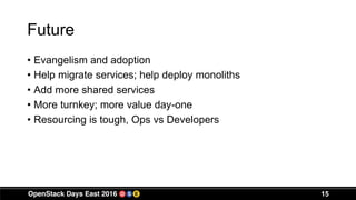 Future
• Evangelism and adoption
• Help migrate services; help deploy monoliths
• Add more shared services
• More turnkey; more value day-one
• Resourcing is tough, Ops vs Developers
15
 