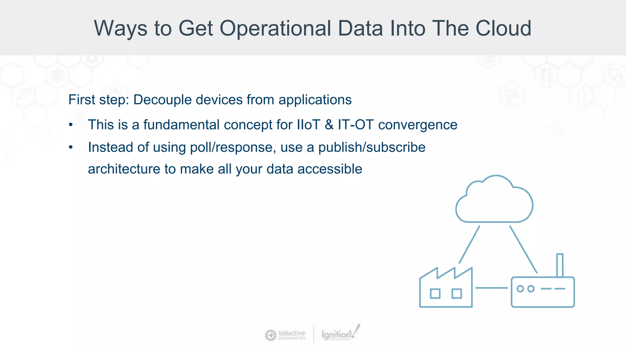 Ways to Get Operational Data Into The Cloud
First step: Decouple devices from applications
• This is a fundamental concept for IIoT & IT-OT convergence
• Instead of using poll/response, use a publish/subscribe
architecture to make all your data accessible
 