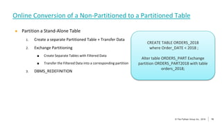 19
© The Pythian Group Inc., 2018
© The Pythian Group Inc., 2019 19
● Partition a Stand-Alone Table
1. Create a separate Partitioned Table + Transfer Data
2. Exchange Partitioning
■ Create Separate Tables with Filtered Data
■ Transfer the Filtered Data into a corresponding partition
3. DBMS_REDEFINITION
Online Conversion of a Non-Partitioned to a Partitioned Table
CREATE TABLE ORDERS_2018
where Order_DATE < 2018 ;
Alter table ORDERS_PART Exchange
partition ORDERS_PART2018 with table
orders_2018;
 