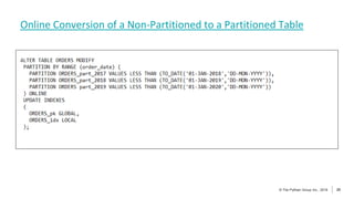 20
© The Pythian Group Inc., 2018
© The Pythian Group Inc., 2019 20
Online Conversion of a Non-Partitioned to a Partitioned Table
 