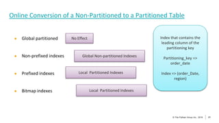 21
© The Pythian Group Inc., 2018
© The Pythian Group Inc., 2019 21
● Global partitioned
● Non-prefixed indexes
● Prefixed indexes
● Bitmap indexes
Online Conversion of a Non-Partitioned to a Partitioned Table
No Effect
Global Non-partitioned Indexes
Local Partitioned Indexes
Local Partitioned Indexes
Index that contains the
leading column of the
partitioning key
Partitioning_key =>
order_date
Index => (order_Date,
region)
 