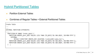 51
© The Pythian Group Inc., 2018
© The Pythian Group Inc., 2019 51
● Partition External Tables
● Combines of Regular Tables + External Partitioned Tables
Hybrid Partitioned Tables
 