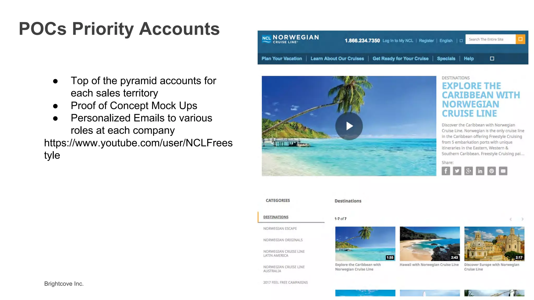 Brightcove Inc.
● Top of the pyramid accounts for
each sales territory
● Proof of Concept Mock Ups
● Personalized Emails to various
roles at each company
https://www.youtube.com/user/NCLFrees
tyle
POCs Priority Accounts
 