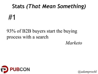 Stats  (That Mean Something) #1 93% of B2B buyers start the buying process with a search  Marketo   @adamproehl 