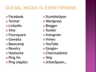  Facebook
 Twitter
 LinkedIn
 Vine
 Foursquare
 Gowalla
 Basecamp
 Ravelry
 Hootsuite
 Ping.fm
 Ping (Apple)
 StumbleUpon
 Wordpress
 Blogger
 Tumblr
 Instagram
 Vimeo
 YouTube
 Google+
 Chatrouolette
 Yelp
 UrbanSpoon…
 