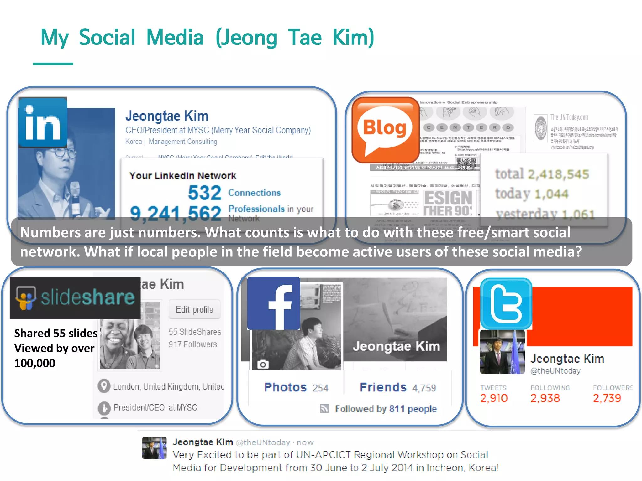 My Social Media (Jeong Tae Kim)
Shared 55 slides
Viewed by over
100,000
Numbers are just numbers. What counts is what to do with these free/smart social
network. What if local people in the field become active users of these social media?
 