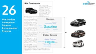 Use Shadow
Concepts to
improve
Recommender
Systems
26
Mini Countryman
And it’s probably more of a
crossover than ever, with the design
to match, Being a Mini, the
Countryman is clearly meant to be
the driver’s car among small
crossovers. The suspension is
sophisticated, and there are lots of
chassis options (a stiffer sports
setup, variable damping, the
electronically controlled ALL4
all-wheel-drive).
But it’s also the crossover for people who’ve bags of cash to blow on
personalisation and luxury.
There’s been a lot of effort on ramping up the cabin quality, but then the
outgoing Countryman was a sad let-down in that department.
On the outside, plastic wheel-arch extensions, with eyebrow creases in the
metalwork above, as well as roof bars and sill protectors all add to the visual
crossover-ness. This remains the only Mini with angular rather than oval
headlamps, and there’s a load of visual posturing going on in the lower face.
There are eight versions at launch, and they’re exactly what you’d expect. It’s
Cooper or Cooper S, each fuelled by petrol or diesel, each of them with front
drive or ALL4. Oh and an eight-speed auto, too, if you count that as a
separate choice. The Cooper petrol is a three-cylinder, the rest fours.
You get extra kit as standard versus the old car, including navigation,
Bluetooth, emergency call and park sensors. Upgrades include a bigger
touch-screen nav with high-definition traffic, various posher seats, a HUD,
and driver aids. Oh and a cushion thingy that folds out from the boot so you
can sit on the rear bumper without getting your clothes mucky.
In June 2017 a Cooper E will launch, which has the Cooper three-cylinder
petrol driving the front wheels, and an electric motor for the rears, with a
capacity to do a claimed 25 miles of gentle all-electric running. So it has the
performance of a Cooper S ALL4 with the tax-busting advantages of a plug-in
hybrid. And you wouldn’t use any fuel if you commuted a short distance.
The platform is BMW’s contemporary transverse-engined hardware, in the
bigger of its two sizes. That means it shares a lot with the BMW X1. The
4WD system is more sophisticated than the previous Countryman’s. The
proportion of drive to the rear is computed by a controller that takes into
account parameters including grip, steering angle and throttle position, as
well as whether you’ve got the sports mode and sports traction systems
selected.
 