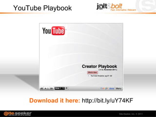 YouTube Playbook




    Download it here: http://bit.ly/uY74KF

                                    Site-Seeker, Inc.   2011
 
