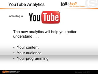 YouTube Analytics

According to




   The new analytics will help you better
   understand . . .

   • Your content
   • Your audience
   • Your programming


                                        Site-Seeker, Inc.   2011
 
