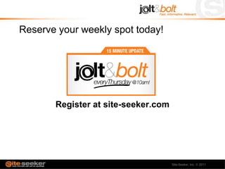 Reserve your weekly spot today!




       Register at site-seeker.com




                                     Site-Seeker, Inc.   2011
 