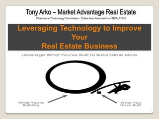 Tony Arko – Market Advantage Real Estate Chairman of Technology Committee – Dulles Area Association of REALTORS Leveraging Technology to Improve Your Real Estate Business 1 