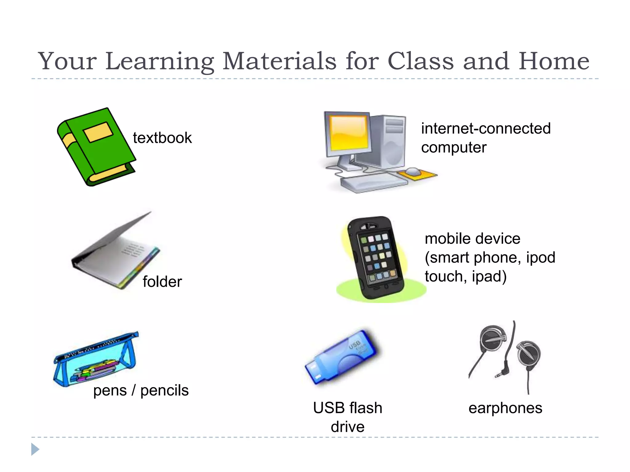 Your Learning Materials for Class and Home

                                 internet-connected
         textbook
                                 computer




                                 mobile device
                                 (smart phone, ipod
           folder                touch, ipad)




    pens / pencils
                     USB flash         earphones
                       drive
 